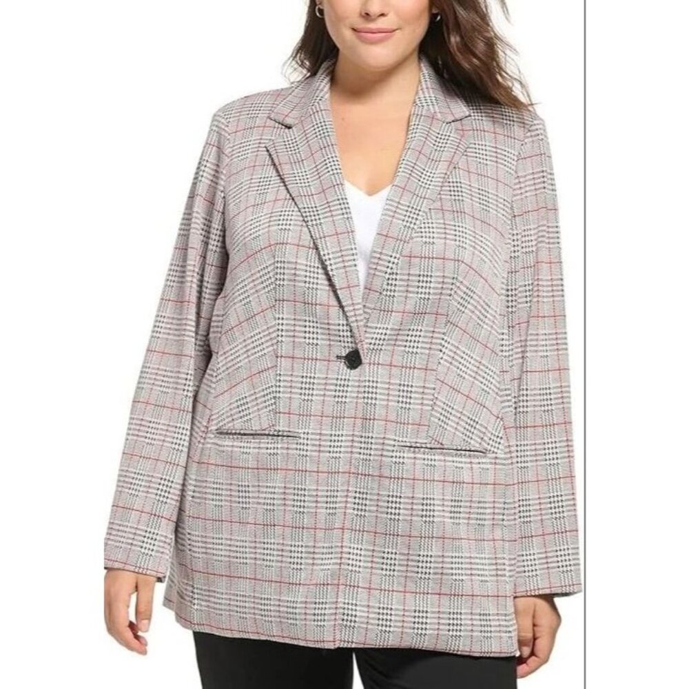 Calvin Klein Womens Plus 2X Red‎ Black Plaid Blazer Jacket One Button